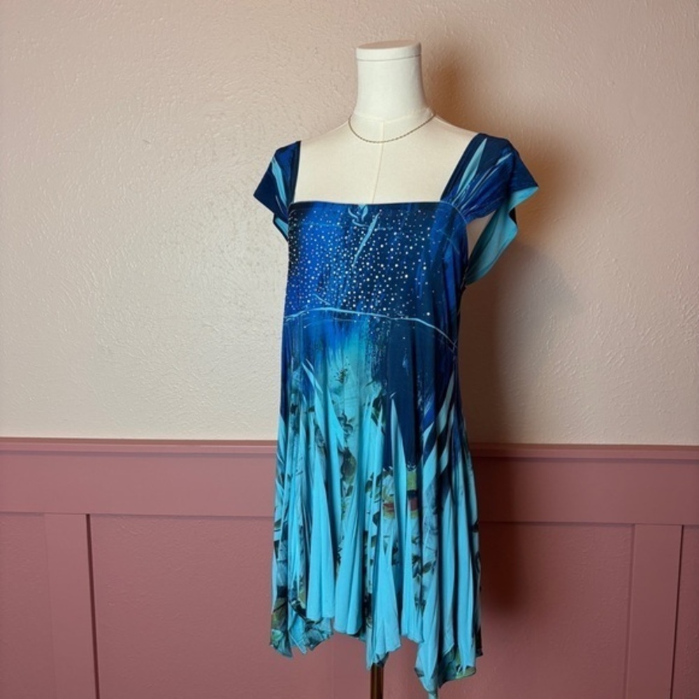 pretty woman y2k fairy pleated ruffle mini dress sz 3 blue rhinestones vintage